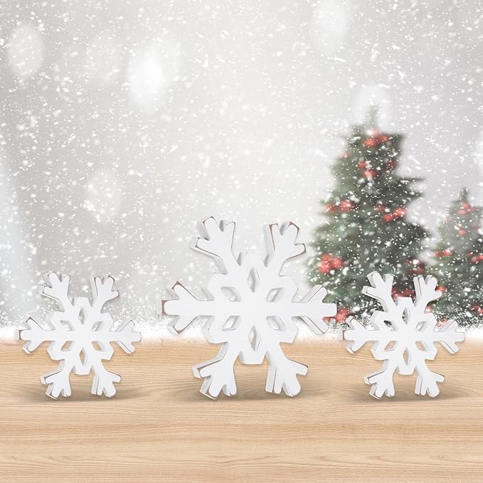 Snowflake Decorations Christmas Decor 6Pcs Winter White Wooden Snowflakes Standing Christmas Tiered Tray Decor Winter Wonderland Decorations for Indoor Home Xmas Table Shelf Fireplace Mantel