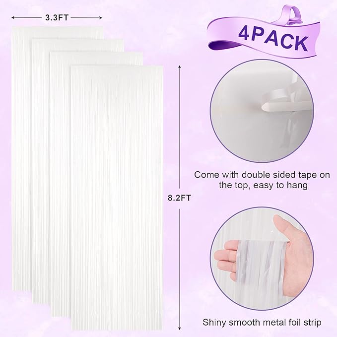 4 Pack White Foil Fringe Backdrop Curtains, Tinsel Streamers Birthday Party Decorations, Fringe Backdrop for Graduation, Baby Shower, Gender Reveal, Disco Party