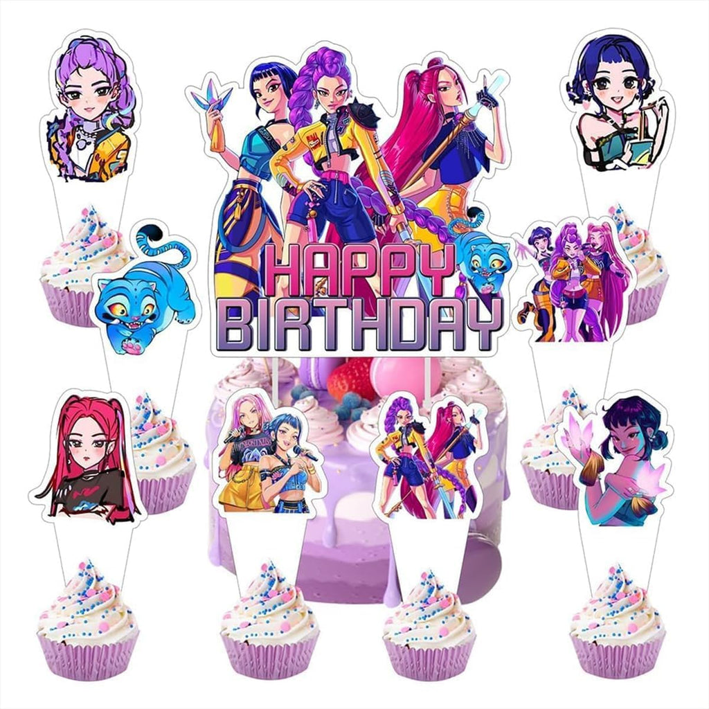 25Pcs Demon Movie Hunters Cake Decorations with 24pcs Cupcake Toppers, 1pcs Happy Birthday Cake Topper, Cartoon Themed Party Supplies, Perfect for Birthday Party Decorations