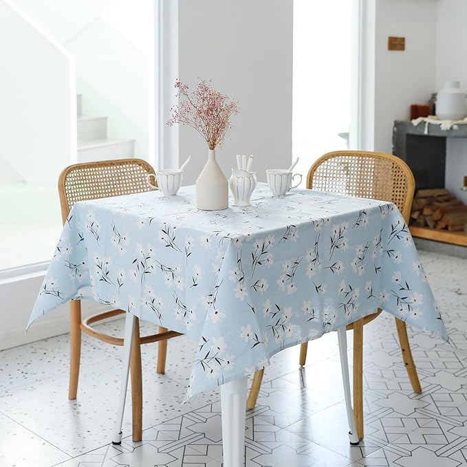 Pastoral Square Tablecloth - 52 x 52 Inch - Linen Fabric Table Cloth - Washable Table Cover with Dust-Proof Wrinkle Resistant for Restaurant, Picnic, Indoor and Outdoor Dining, Floral (Light Blue)