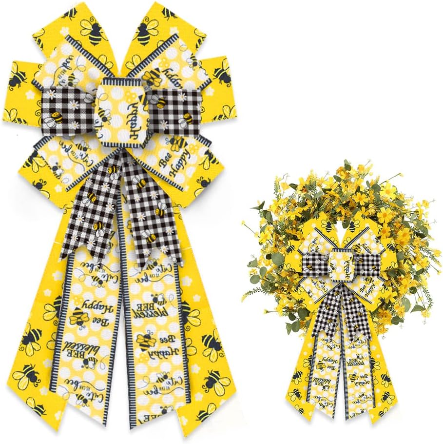 Estivaux Large Bumble Bee Bows for Wreath, Happy Bee Wreath Bows Yellow Burlap Bows White Black Buffalo Plaid Bows Spring Holiday Tree Topper Bows for Front Door Spring Birthday Farmhouse Decorations