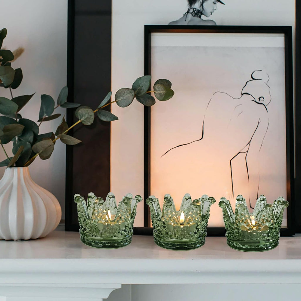 Vixdonos Votive Candle Holders Set of 6 Crown Glass Tealight Candle Holder for Wedding, Party and Home Decor(Green)