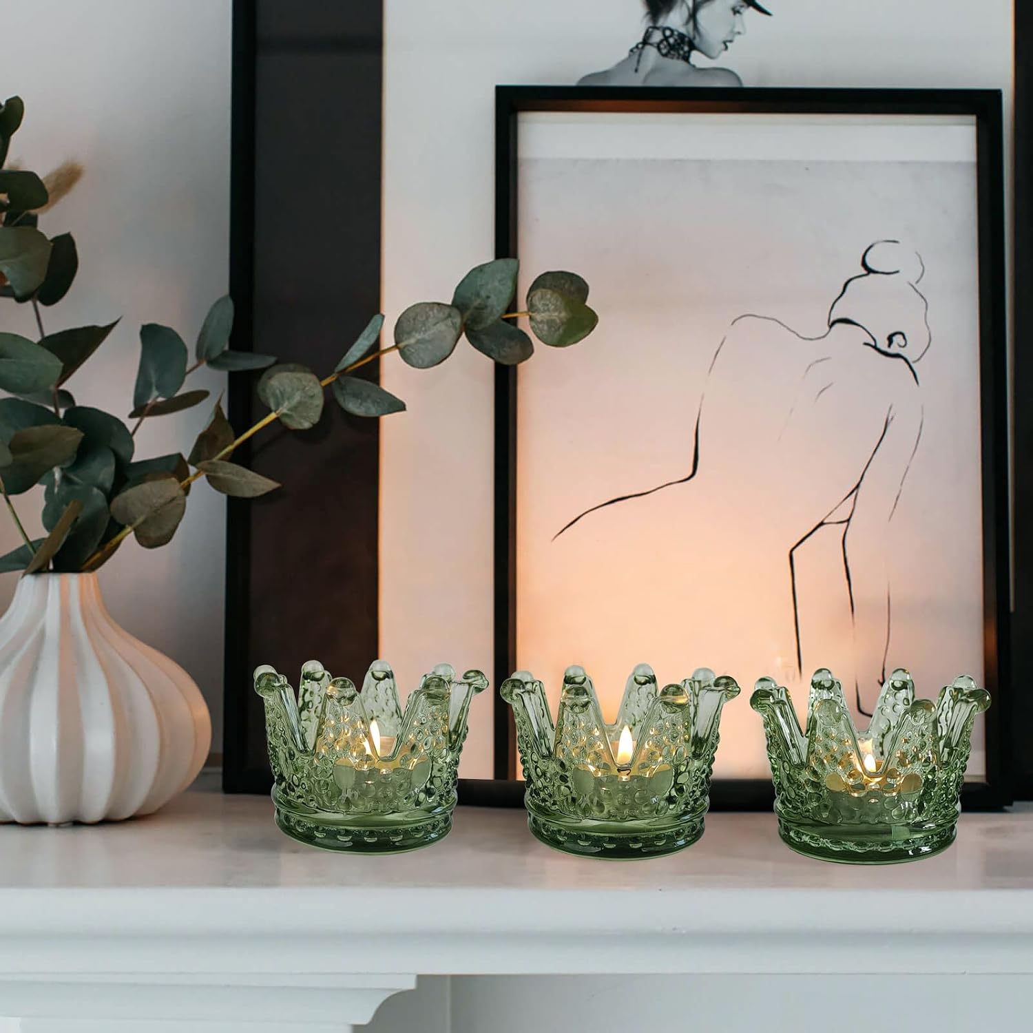 Vixdonos Votive Candle Holders Set of 6 Crown Glass Tealight Candle Holder for Wedding, Party and Home Decor(Green)