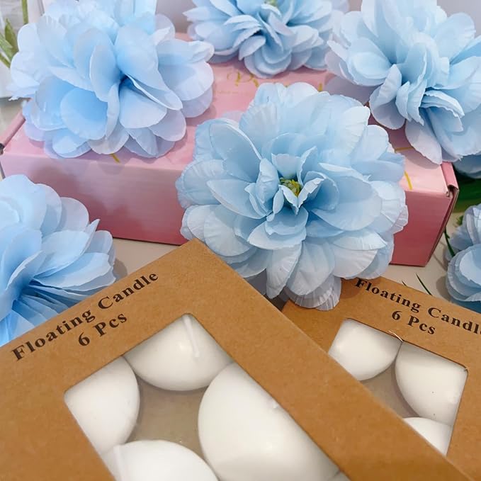 24 Pcs Floating Candles for Centerpieces and Floating Flowers Vase Fillers for Centerpieces Artificial Blue Flowers for Wedding Party Home Table Decoration