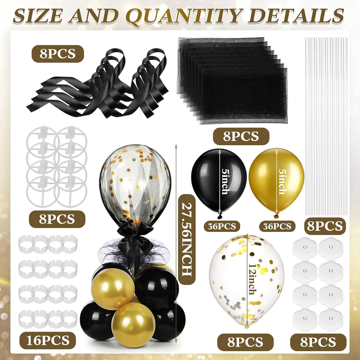 bbto 8 set gold black table centerpieces balloons shown in use