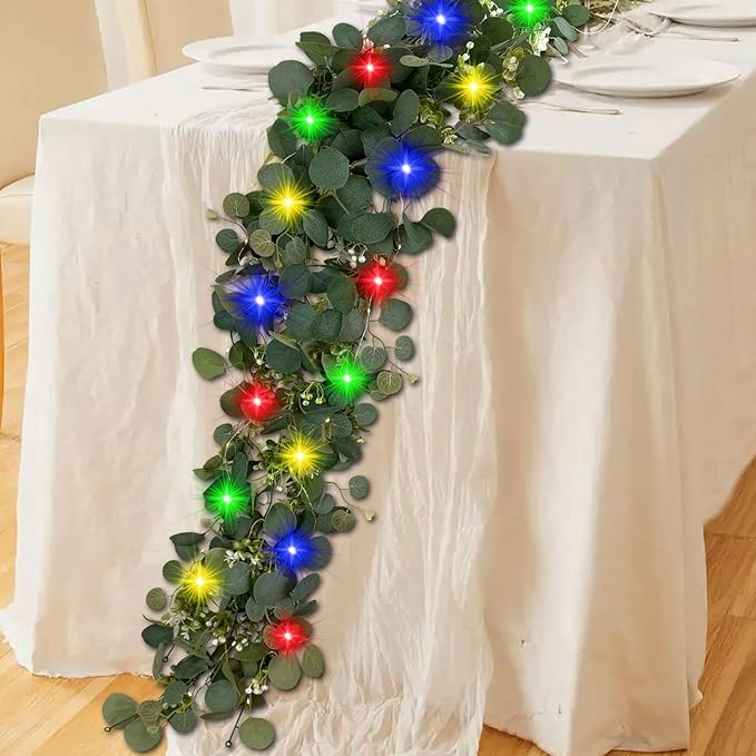 Eucalyptus Garland with Lights, 2Pcs 6FT Green Flower Garland Decor, Artificial Faux Eucalyptus Leaves Greenery Vines for Table Runner Wedding Bedroom Mantle Arches Backdrops Decorations