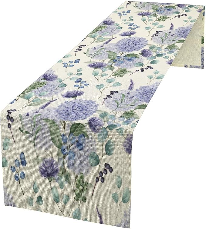Spring Hydrangea Flower Table Runner, Seasonal Summer Plants Watercolor Eucalyptus Leaves Purple Florals Dinner Runner for Home Kitchen Dining Table Party Holiday Decoration 13"x70"