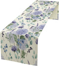 Spring Hydrangea Flower Table Runner, Seasonal Summer Plants Watercolor Eucalyptus Leaves Purple Florals Dinner Runner for Home Kitchen Dining Table Party Holiday Decoration 13"x70"