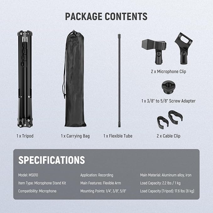 NEEWER Microphone Stand with Flexible Arm, Boom Arm Mic Floor Tripod Mount Holder with Mic Clips, 3/8" to 5/8" Adapter, Cable Clips for Singing Vlogging Live Streaming Video Recording, MS010
