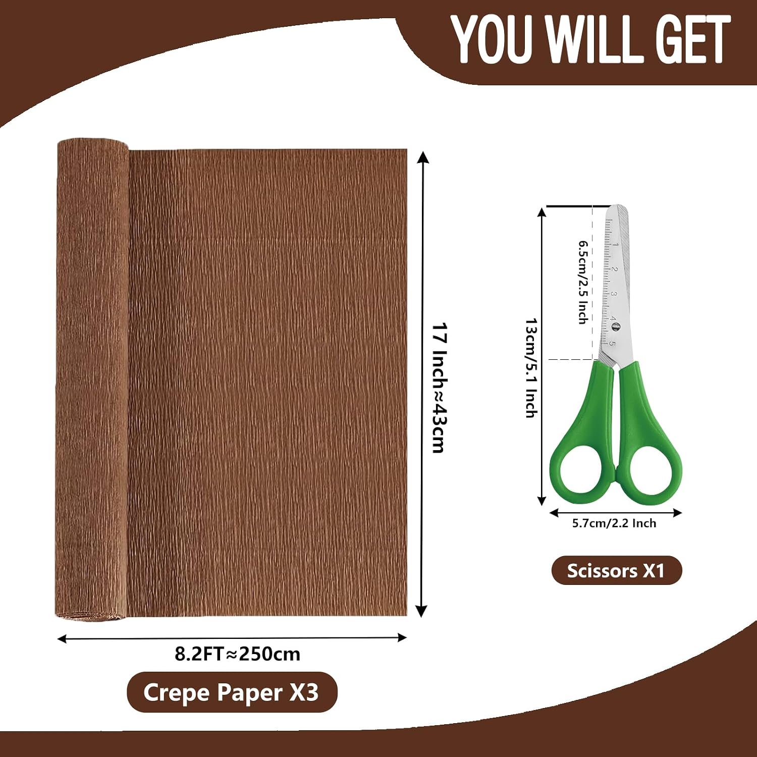 Crepe Paper Roll (17Inch x 8.2ft),3Rolls,Crepe Paper,DIY Gift Color Paper Flowers Set for Mother's Day, Valentine's Day, Birthday and Wedding Decoration Flowers Making (Brown)