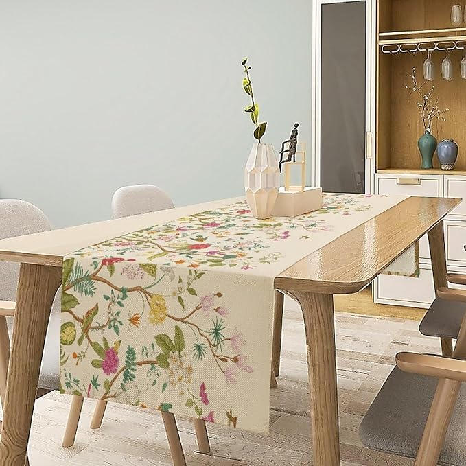 Floral Table Runner, Vintage Birds Wildflowers Herbs Nature Theme Linen Long Table Kitchen Dining Table Holiday Party Decorative Table Runner,13in（33cm） W * 36in（92cm） L
