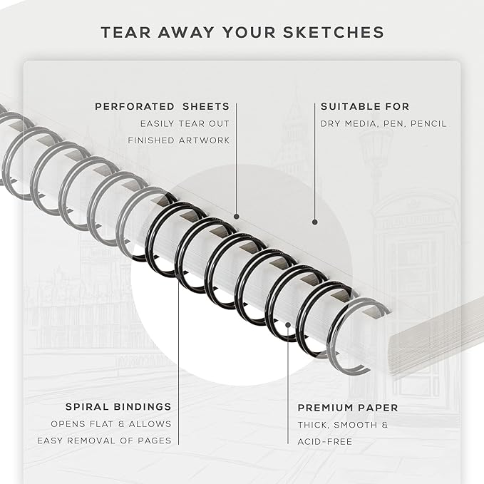 BEECHMORE BOOKS 9x12 Spiral Sketchbook – 140 GSM Acid-Free Paper, 100 Perforated Pages, A4 Art Sketch Pad for Drawing & Sketching, Artists, Adults