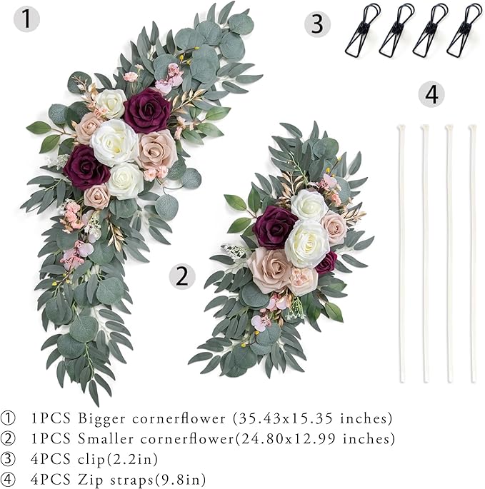 Ponatia Wedding Arch Flowers (Pack of 2), Artificial Burgundy & Nude & Ivory Wedding Flowers for Welcome Signs and Ceremony Reception