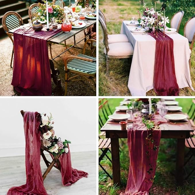 Wine red Cheesecloth Table Runner -21*120Inch Long Boho Wedding Table Decor, Rustic Gauze Fabric Runner for Bridal Showers, Baby Showers & Parties (Sheer, Lightweight, Wrinkled Design)