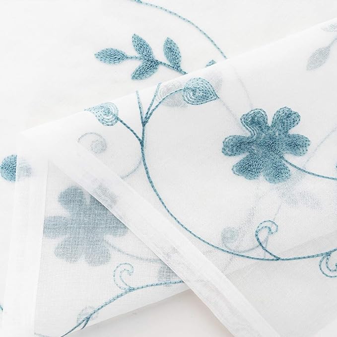 Blue Sheer Curtains 84 Inches Long, Floral Embroidered Rod Pocket Sheer Drapes for Living Room, Bedroom, 2 Panels, 52"x84", Semi Crinkle Voile Window Treatments for Yard, Patio, Villa, Parlor .