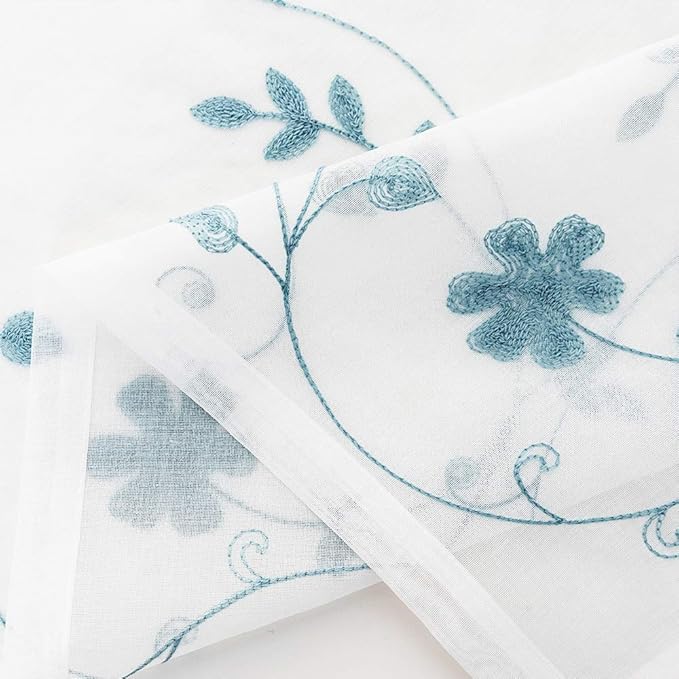 Floral Embroidery Sheer Curtains Blue 63 Inches, Rod Pocket Voile Drapes for Living room, Bedroom, Window Treatments Semi Crinkle Curtain Panels for Yard, Patio, Villa, Parlor, Set of 2, 52"x 63".
