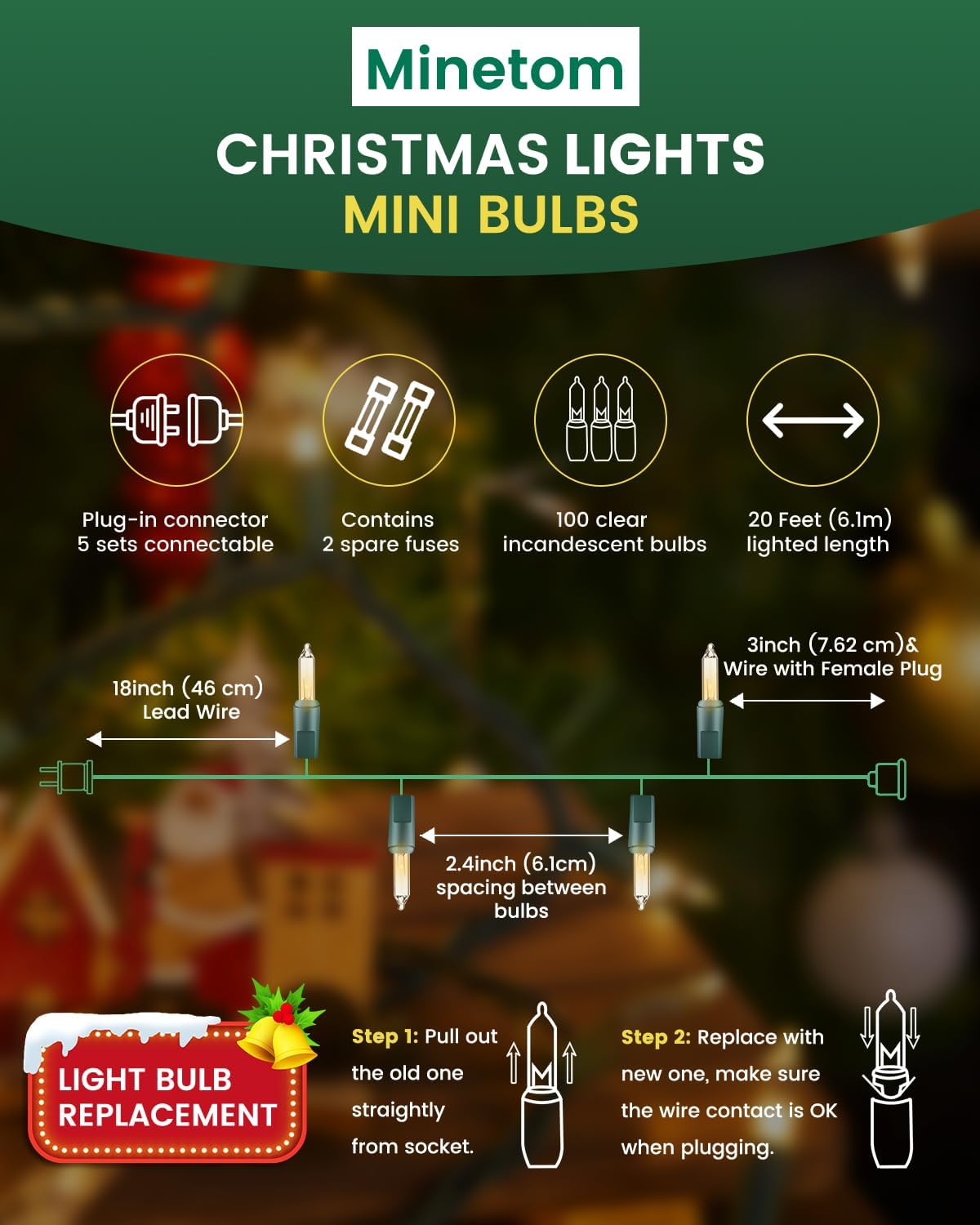 Minetom Clear Christmas String Lights 100 Count 20 Feet Incandescent Bulb Mini Lights for Indoor Xmas Tree Garland Birthday Wedding Party Festival Decoration, Green Wire