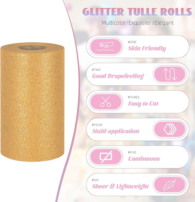 Glitter Tulle Rolls 6” by 50 Yards Sparkle Tulle Fabric Ribbon Sequin Tulle Netting Rolls for DIY Tutu Skirt Wedding Birthday Party Decoration (Gold)