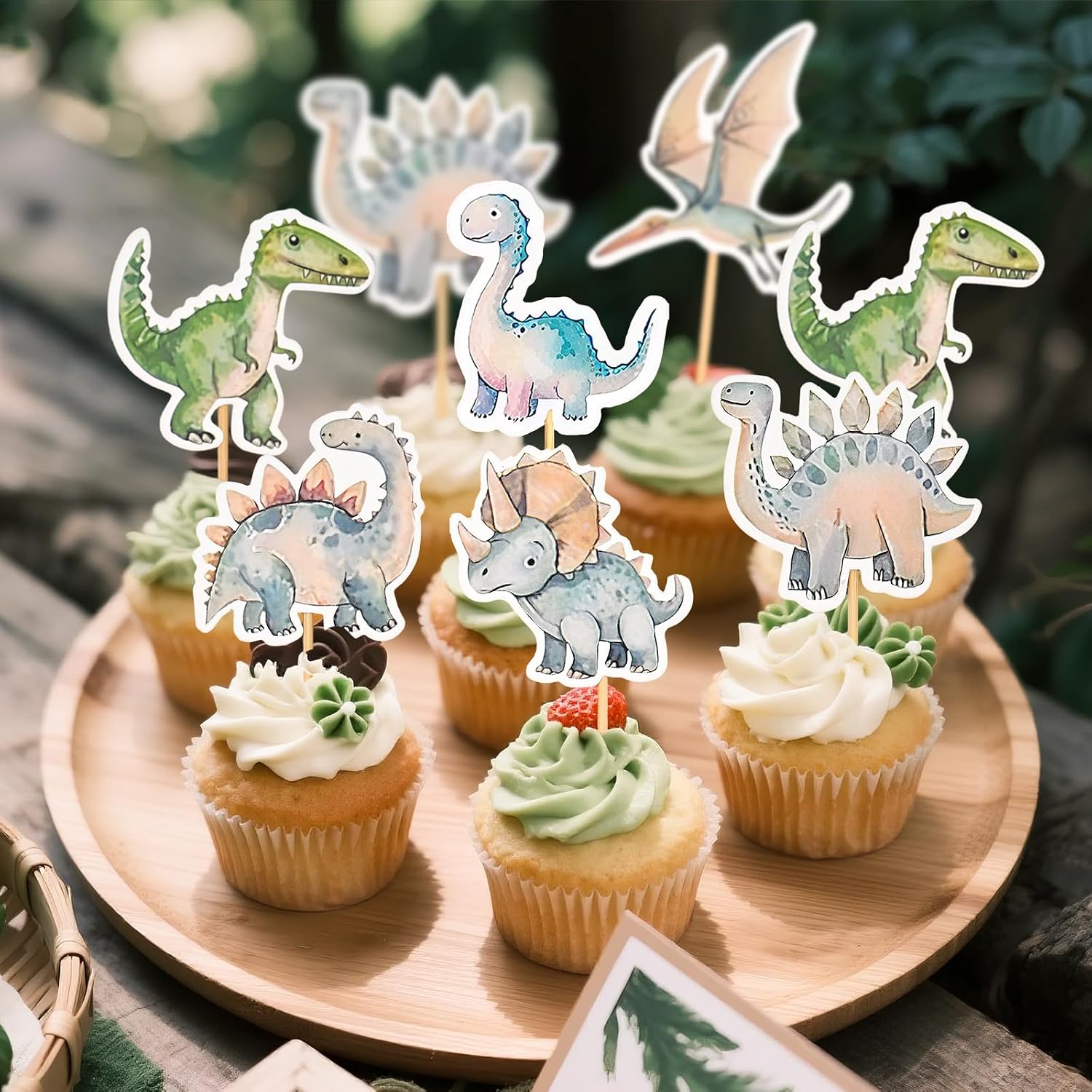 24 PCS Dinosaur Cupcake Toppers, Dinosaur Cake Toppers Decorations Dino Cupcake Picks Party Supplies for Kids Dinosaur Theme Birthday Party Baby Shower (Dino Cupcake Toppers) (Green) (Light Blue)