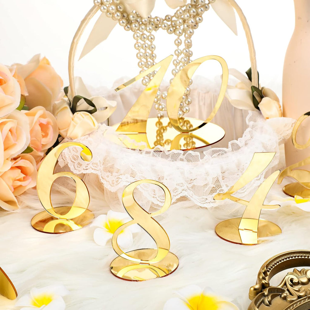 Yalikop 10 Pcs Table Numbers for Wedding 1-10 Reception Wedding Numbers Signs with Holder Elegant Mirror Table Number for Engagement Party Birthday Anniversary Event Catering(Gold)
