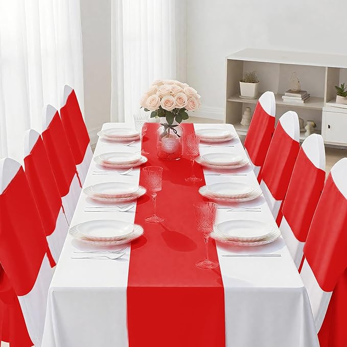 SHEJIZE 20 Pack Red Satin Table Runner 12x108 Inches Long, Bright Silky Smooth Satin Table Runner Table Decor for Wedding Banquet Christmas Prom Event Birthday Party