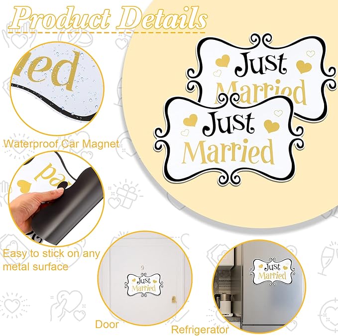 2 Pcs Large Just Married Car Decorations Just Married Car Magnets Sign Decoration 13.9 x 8.8 Inch Honeymoon Rear Tailgate Magnet Stickers for Wedding Door Panel Refrigerator(Black and Gold)