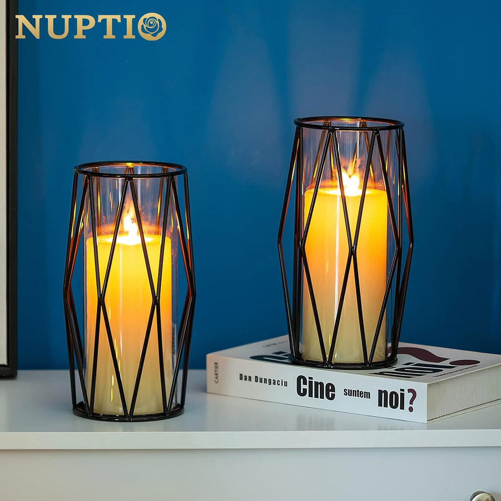 NUPTIO Black Geometric Hurricane Glass Candle Holder, 1 Piece | Compact Diamond Frame, Clear Cylinder Vase, for Flowers, Pillar & Floating Candles, Office or Dining Table Decor