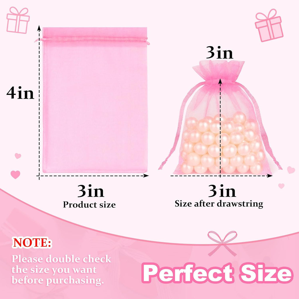 Crweety 50 Pcs Pink Organza Bags 3x4 In, Small Gift Bags Bulk for Jewelry Candy Soap Makeup Sachet, Cute Mini Mesh Goodie Bag Drawstring for Wedding Baby Shower Party Favors & Graduation Gifts