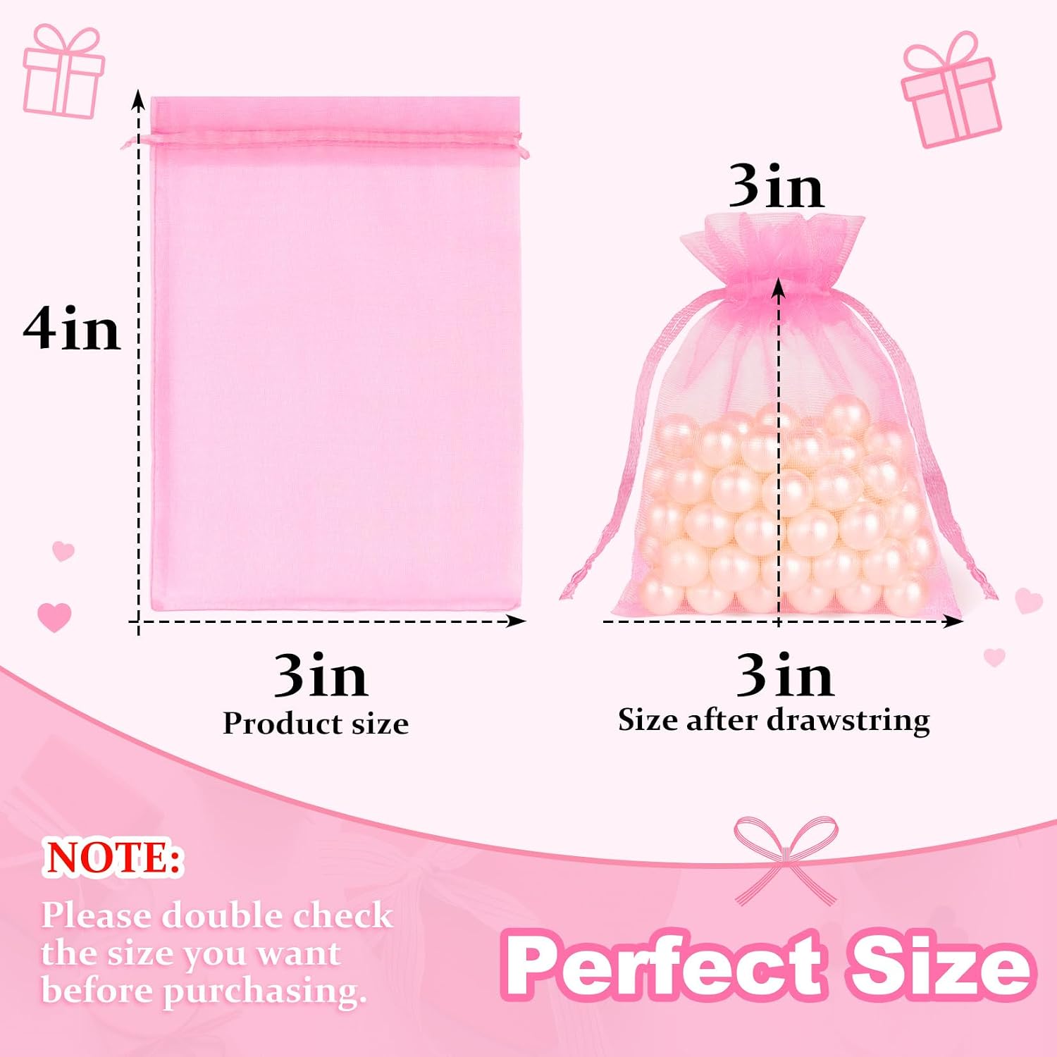 Crweety 50 Pcs Pink Organza Bags 3x4 In, Small Gift Bags Bulk for Jewelry Candy Soap Makeup Sachet, Cute Mini Mesh Goodie Bag Drawstring for Wedding Baby Shower Party Favors & Graduation Gifts