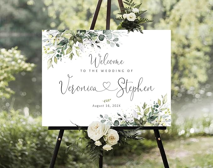 Welcome Wedding Signs, Minimalist White Floral Wedding Sign Decorations Signage 12" X 18" (Small), 27" (Medium), 36" (Large), Plastic, Modern, Pole Mount, Weather