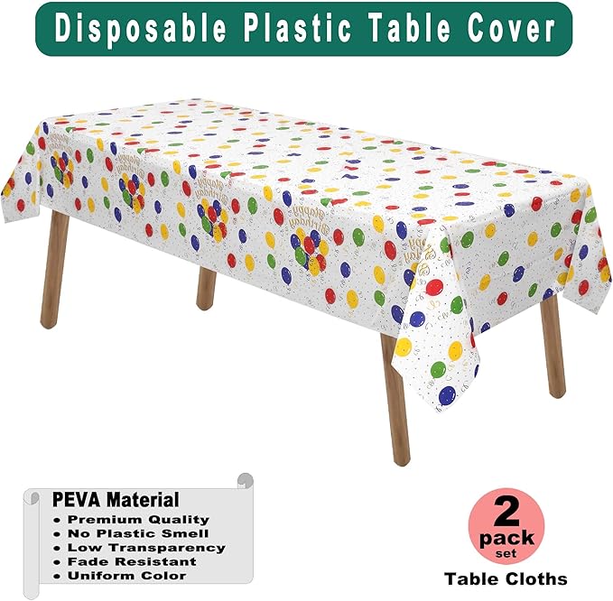 PARTY ULYJA Happy Birthday Plastic Tablecloths 2 Pack Rainbow Disposable Table Covers White Shower Party Tablecovers 54 x 108 Inch Rectangle Table Cloths for Picnic Birthday Wedding Parties 8 ft