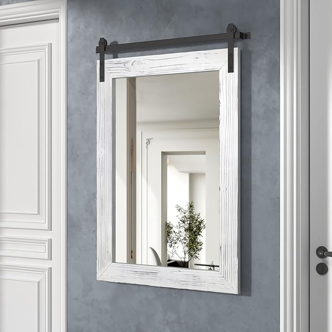 COGOOD Farmhouse Barn Door Mirror - 26" X 17" Rustic Wood Framed Wall Mirror for Bathroom, Living Room, Entryway Wall Decorative (White)