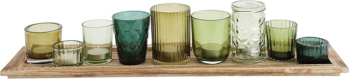 Creative Co-Op Wood Tray with 9 Green Glass Votive Holders