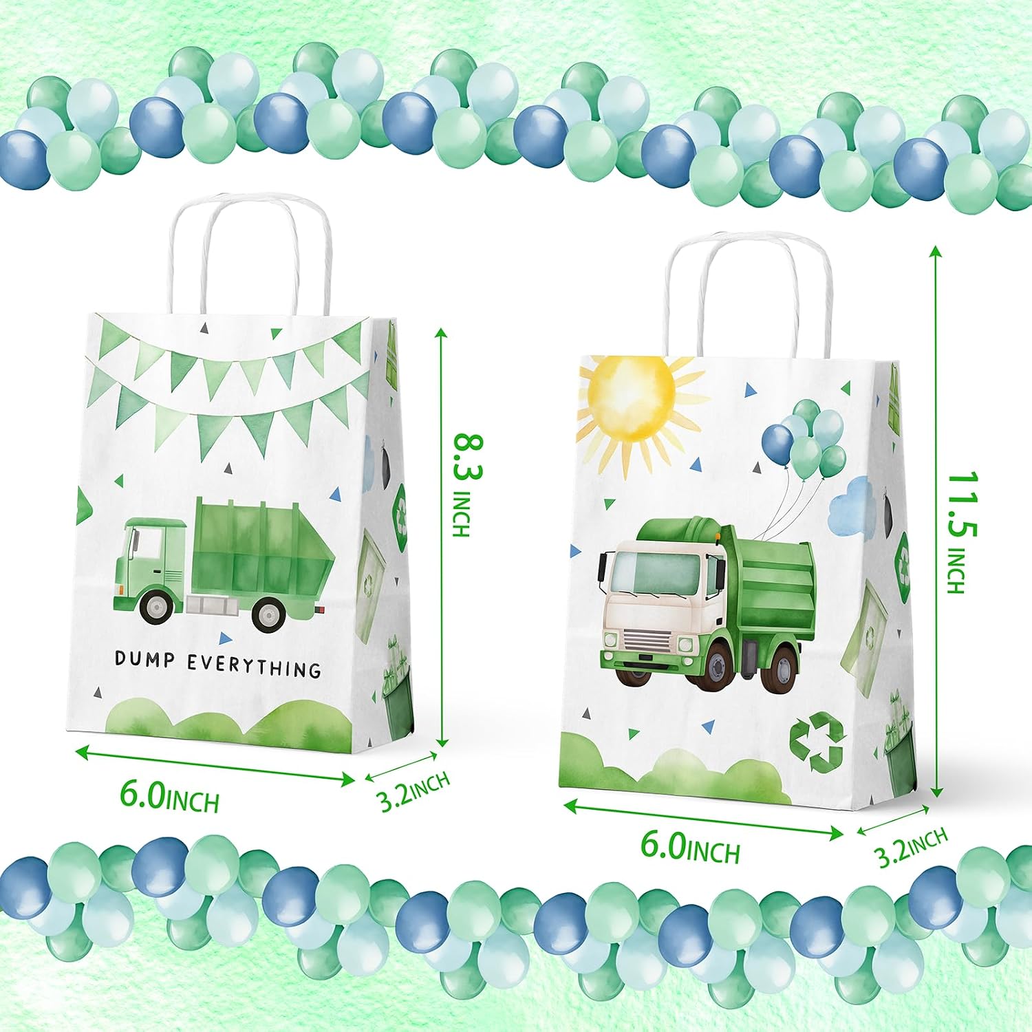 HaPiBiDesign Garbage Truck Party Favor Bags, 24 Pack Garbage Truck Goodie Bags with Handles, Garbage Truck Gift Bags, Garbage Truck Treat Bags for Kids Birthday Party, Garbage Truck Party Supplies