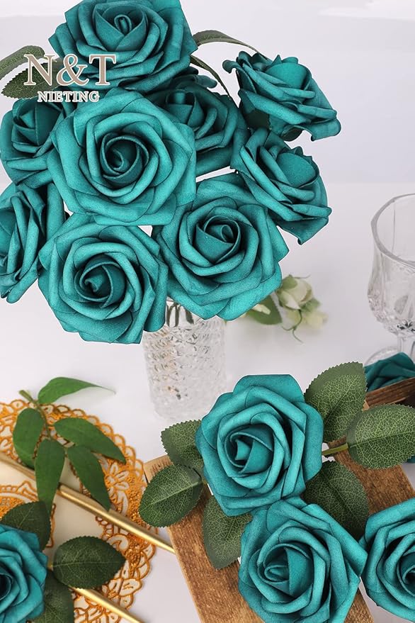 N&T NIETING Artificial Flowers Foam Roses 25 pcs Peacock Green Fake Roses w/Stem for DIY Home Decor Indoor Outdoor Centerpieces Arrangements Bouquets