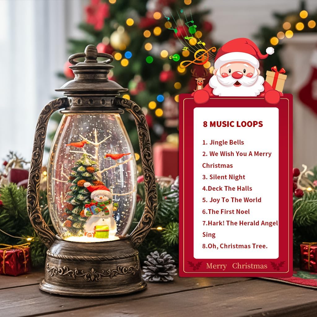 12" Christmas Snow Globe Lantern, Musical Snowman Snow Globes, Indoor Home Christmas Decor, Battery or USB Powered, with 6-Hour Timer, Christmas Decorations