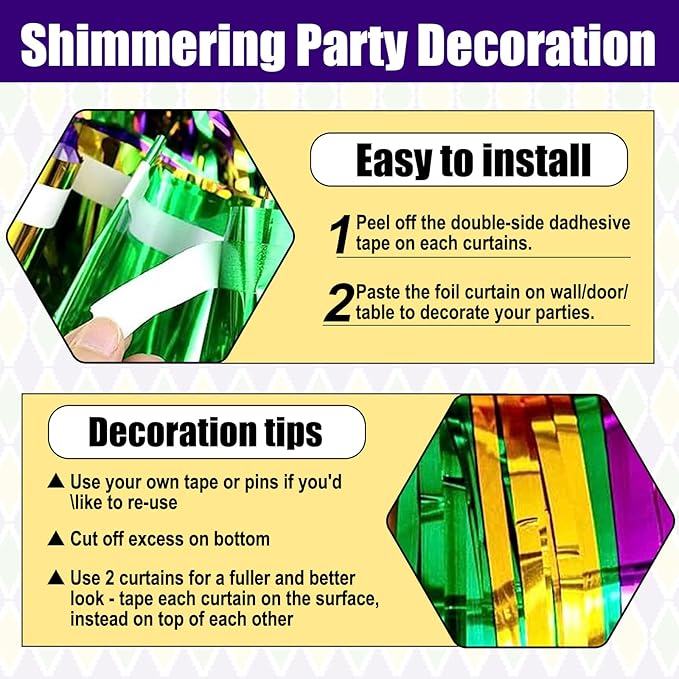 6 Pack Gold Green Purple Foil Fringe Curtain Backdrop, 3.28Ft x 8.2Ft Metallic Tinsel Foil Fringe Streamer Curtains for Photo Booth, Birthday, Wedding, New Year Party Decorations