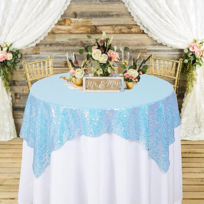 ShinyBeauty Iridescent Aqua Sequin Tablecloth Square Overlay Aqua Blue Tablecloth Cover Glitter Table Cloth Small Tablecloth for Birthday Baby Shower Decor (36”X36”)