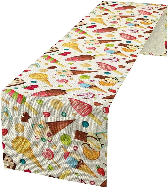 Ice Cream Table Runner, Fruit Ice Popsicles Cold Summer Desserts Seasonal Dinner Runner for Party Holiday Home Kitchen Dining Table Decor 13"x120"