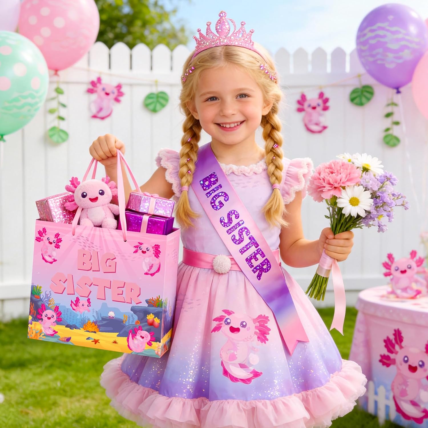 TagreSpike Big Sister Gift Bag for Girls, Axolotl Big Sister Gift Bag with Tissue Paper and Greeting Card Axolotl Wrapping Paper Bags New Sister Party Decor for Little Girl Birthday Party Supplies