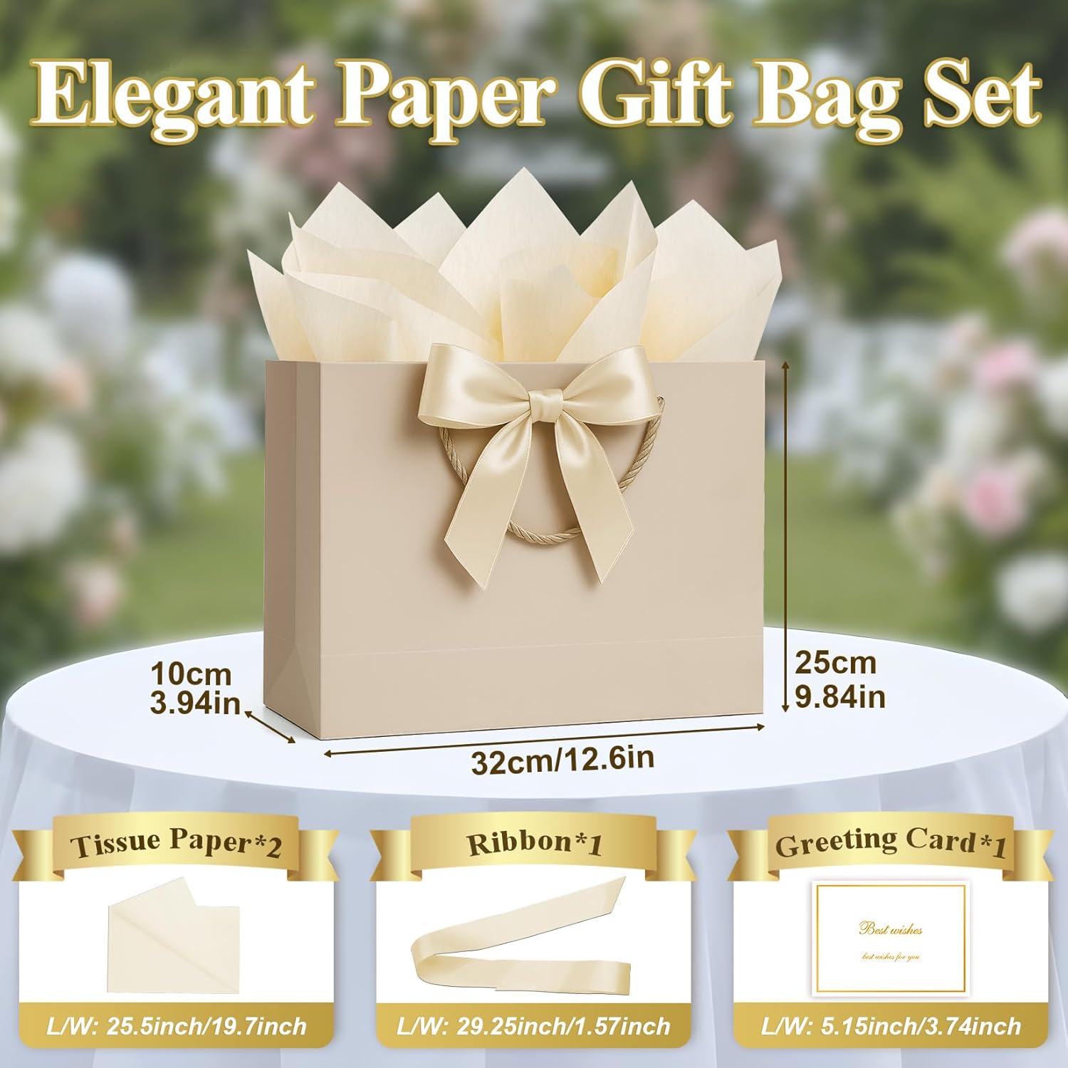 ANZNKU Gift Bags Medium with Handles with Ribbon Card and 2 Tissue Paper, 1 Pcs Cute Champagne Beige Paper Gift Wrap Bag for Wedding Party Favors Birthday Baby Bridal Shower Engagement & Graduation