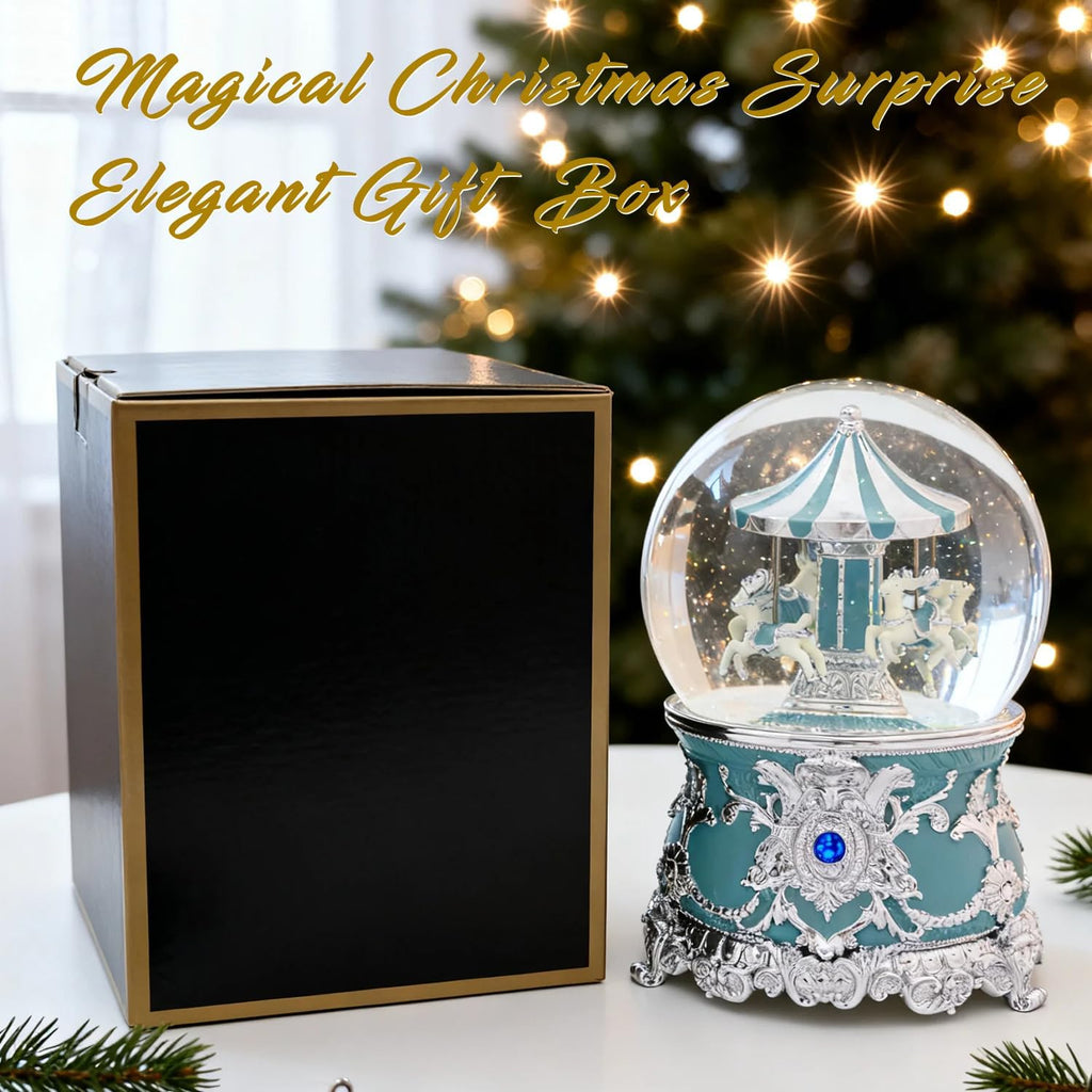 Reindeer Carousel Snow Globe Music Box - Wind Up Musical Christmas Valentines Day Ornament with Silver Blue Design, Romantic Indoor Christmas Decorations, Festive Gift for Couples, Kids & Adults