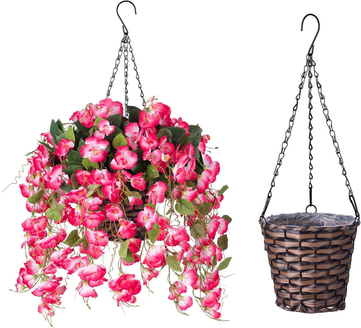 artificial fake hanging hibiscus flowers plants baskets for, front angle view