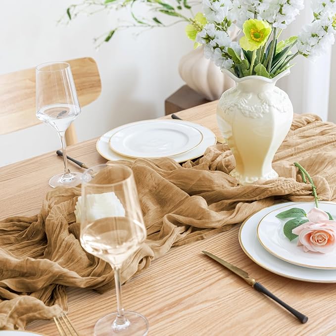Asee'm 4pcs Cheesecloth Table Runner 120 Inches Long Khaki Boho Gauze Cheese Cloth Runner 10FT Rustic Sheer Table Runners for Christmas Wedding Party Baby Shower Spring Easter Decoration