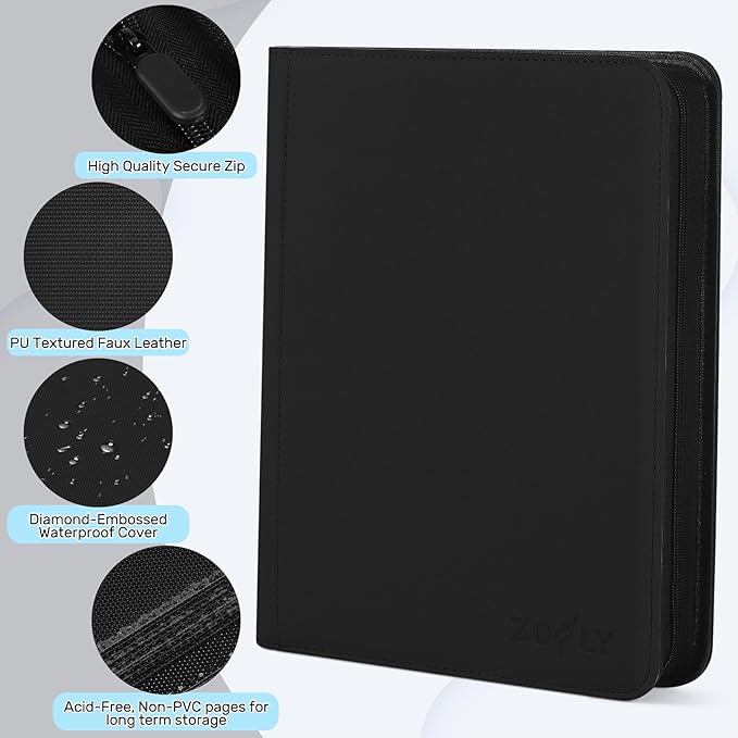 Trading Card Binder 9 Pocket, Zofly Zipper Card Collection Binder Album, Sturdy 540 Side-Loading Card Folder Holder for MTG, TCG, Sports Cards, Game Cards, Black