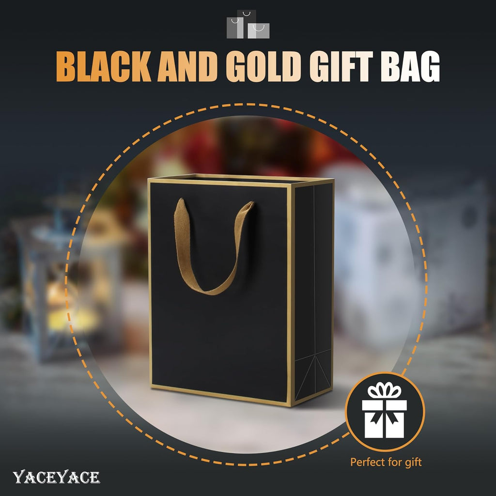 Medium Black and Gold Gift Bags With Handles - 10Pcs 8x4.25x10.5 Inch Bulk for Wedding, Party, Birthday, Retail