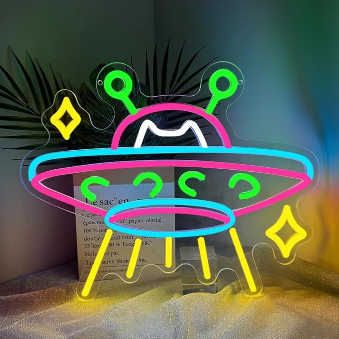 UFO Neon Sign,Cat Dimmable LED Light Signs for Wall Art Decor,Space Backdrop for Game Room Bedroom Club Party Man Cave,Gift for Boys Teen Men USB Powered（15"*12.1"）