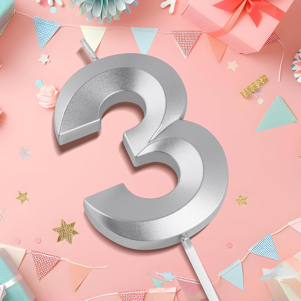 BEAN LIEVE 2.76 Inch Silver Number Candle 3 - Elegant Diamond-Cut Number Birthday Candles,Birthday Cake Topper for Wedding, Anniversary, Birthday Party Decor