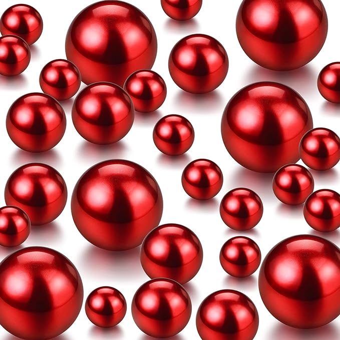 150 Pieces Vase Filler Faux Pearls Vase Makeup Beads No Hole Gloss Bead Mixed Sizes Round Pearl for Home Party Wedding Decor, 8/14/20 mm(Red)