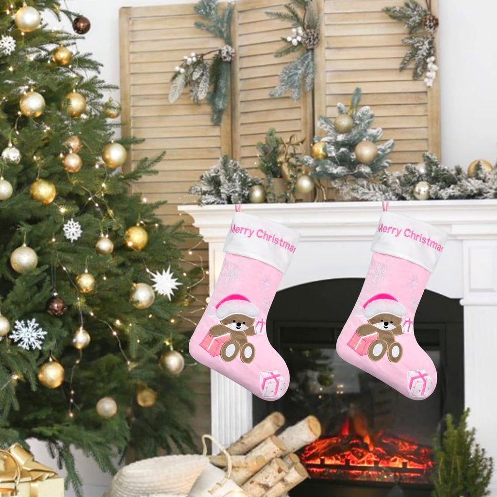 Christmas Stocking Baby First Christmas Stockings 20 Inch Pink Blue Kids Christmas Stockings with Bear Embroidered Children Christmas Stocking with Gift Box for Boys Girls Large Xmas Stocking